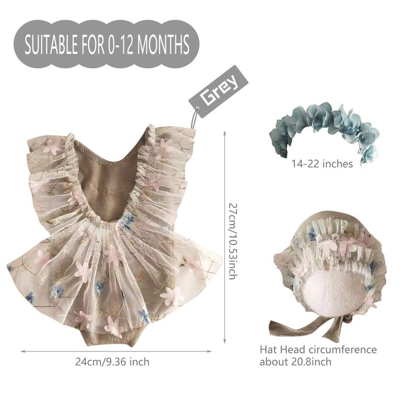SPOKKI 3 PCS Newborn Photography Props with Baby Lace Rompers Hat Flower Headband Vest Floral Classic Outfits for Girl Princess Twins Birthday Party - Image 4